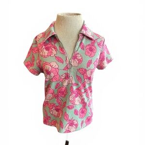 Anthropologie  Maeve Mint Polo Top with Pink Floral Print pastel Soft M
